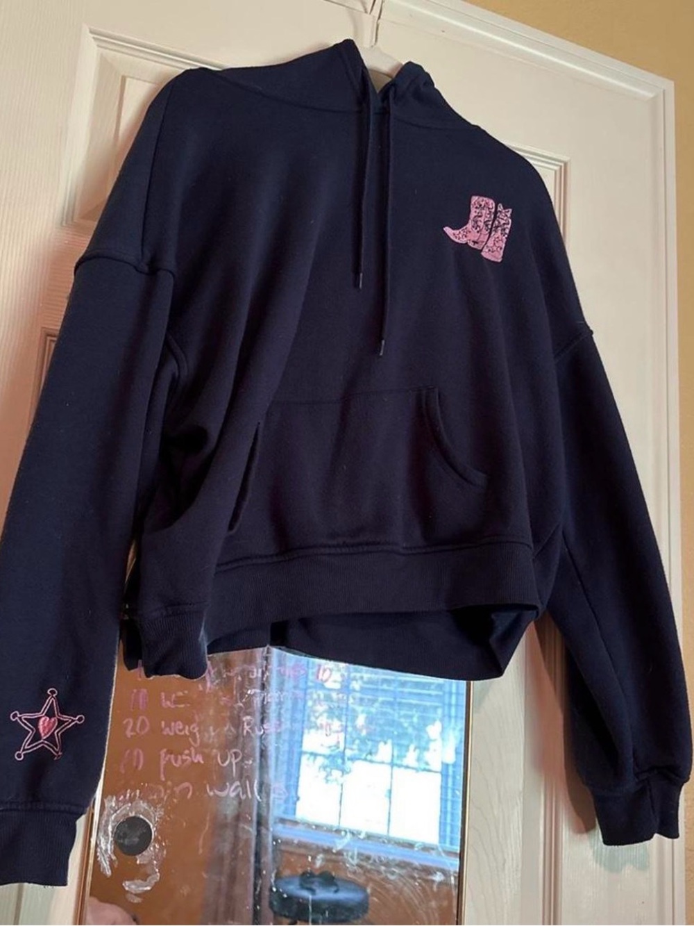 Navy blue Hoodie Sweatshirt with Pink Boot Graphic - Women Sweaters